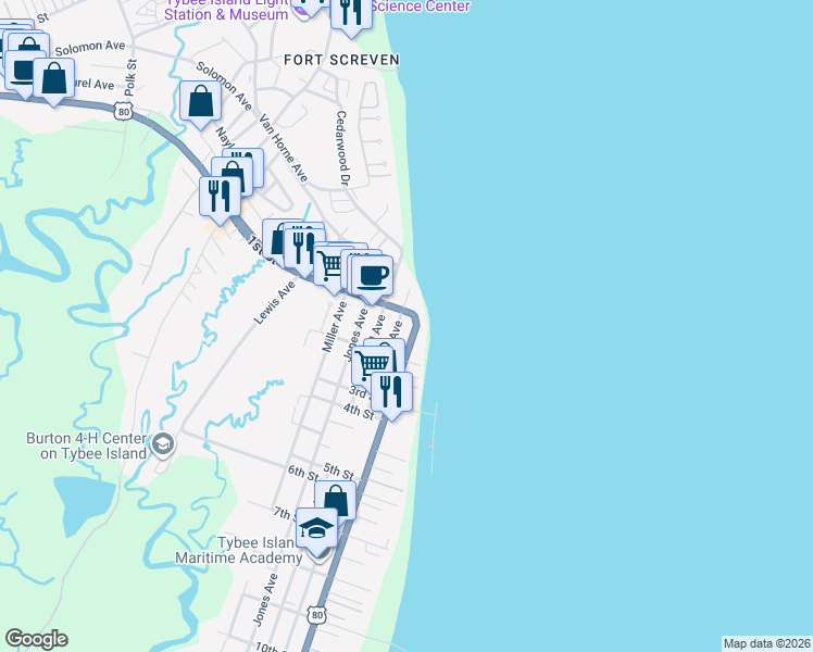 map of restaurants, bars, coffee shops, grocery stores, and more near 112 U.S. 80 in Tybee Island