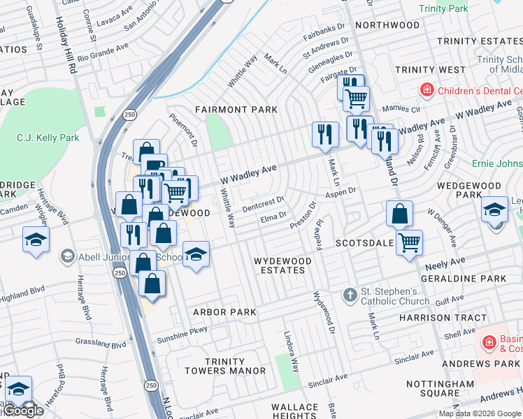 map of restaurants, bars, coffee shops, grocery stores, and more near 4713 Elma Dr in Midland