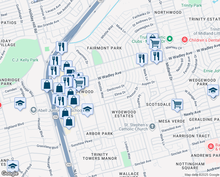 map of restaurants, bars, coffee shops, grocery stores, and more near 4800 Dentcrest Drive in Midland