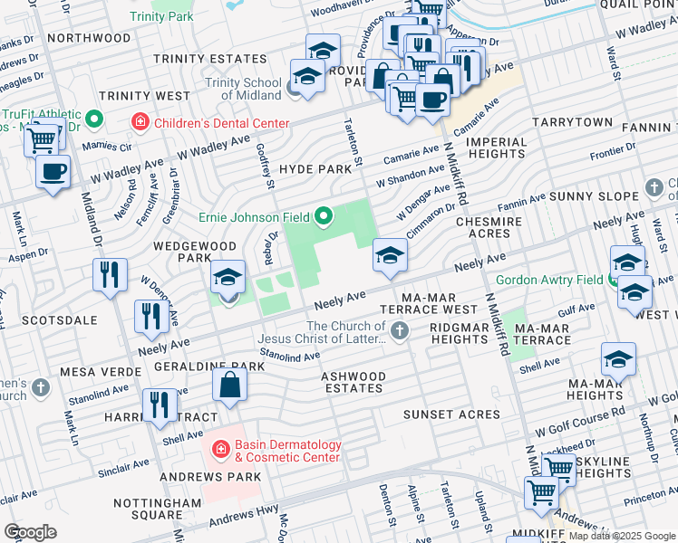 map of restaurants, bars, coffee shops, grocery stores, and more near 3500 Neely Avenue in Midland