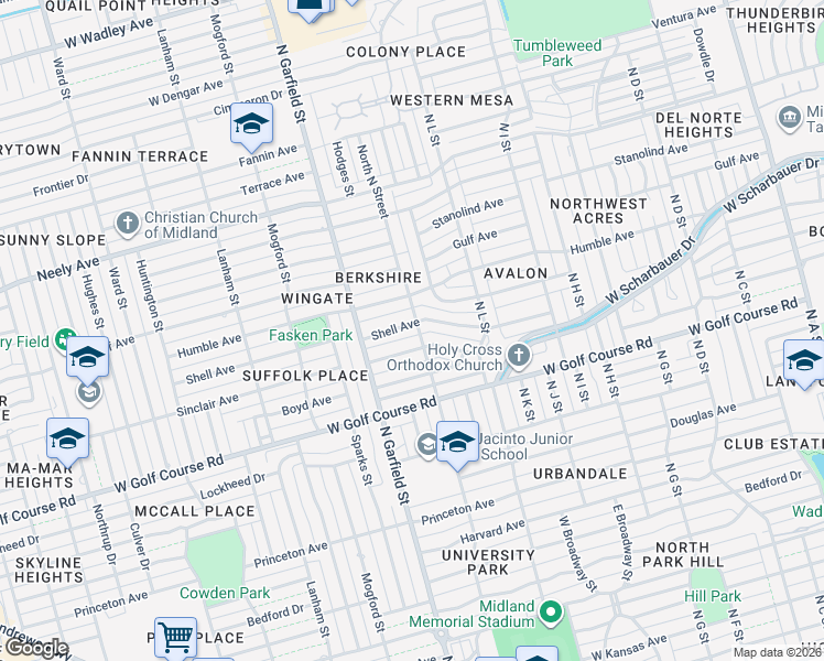 map of restaurants, bars, coffee shops, grocery stores, and more near 2012 Shell Avenue in Midland