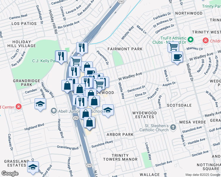 map of restaurants, bars, coffee shops, grocery stores, and more near 5001 West Wadley Avenue in Midland