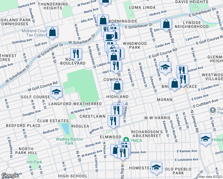 map of restaurants, bars, coffee shops, grocery stores, and more near in Midland