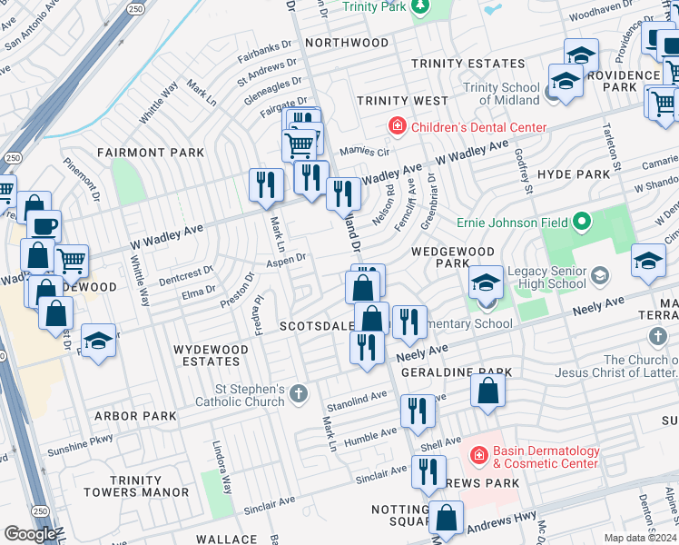 map of restaurants, bars, coffee shops, grocery stores, and more near 3001 Midland Drive in Midland