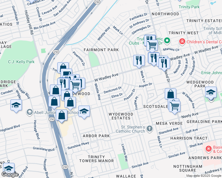 map of restaurants, bars, coffee shops, grocery stores, and more near 4715 West Wadley Avenue in Midland