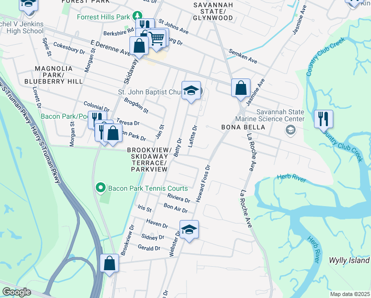 map of restaurants, bars, coffee shops, grocery stores, and more near 5645 Lafitte Drive in Savannah