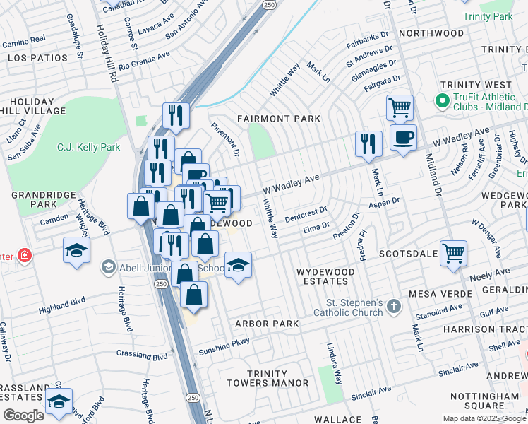 map of restaurants, bars, coffee shops, grocery stores, and more near 3217 Whittle Way in Midland