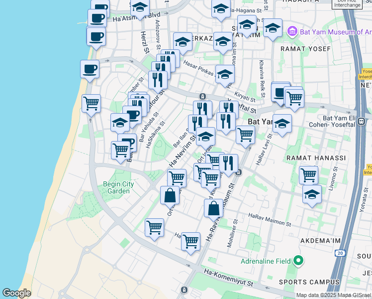 map of restaurants, bars, coffee shops, grocery stores, and more near 25 Ha-Nevi'im Street in Bat Yam
