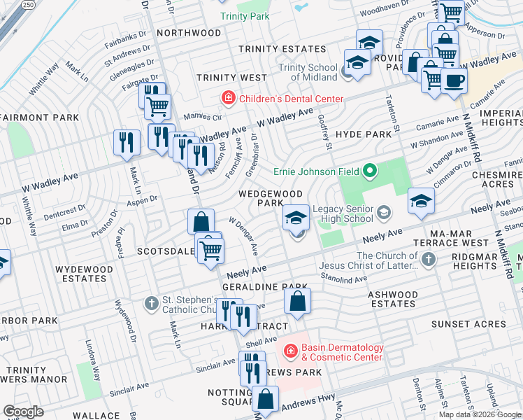 map of restaurants, bars, coffee shops, grocery stores, and more near 2911 Mc Donald Street in Midland