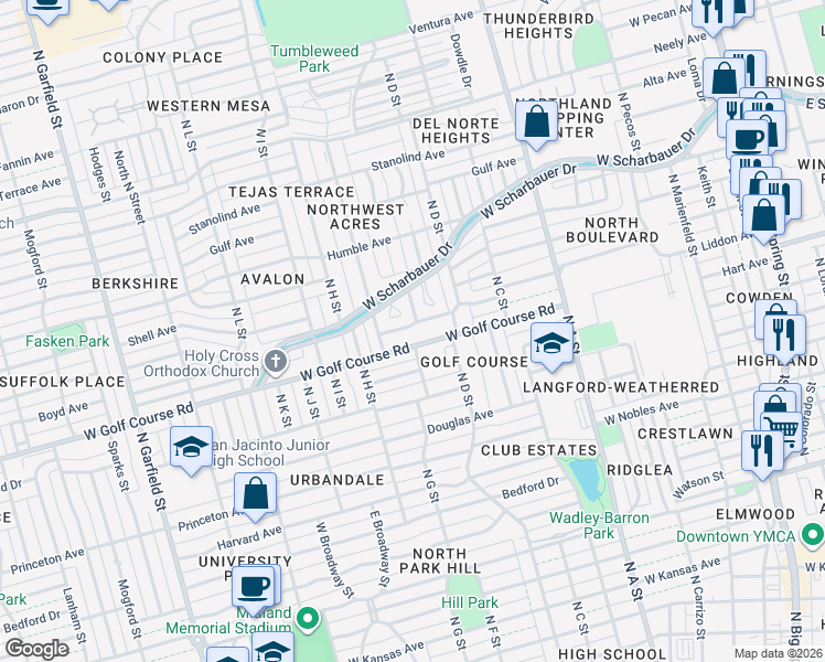 map of restaurants, bars, coffee shops, grocery stores, and more near 3 Ashlin Drive in Midland