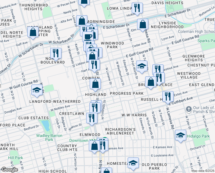 map of restaurants, bars, coffee shops, grocery stores, and more near 1507 North Main Street in Midland