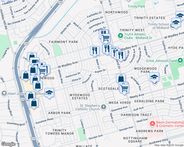 map of restaurants, bars, coffee shops, grocery stores, and more near 4613 Aspen Drive in Midland