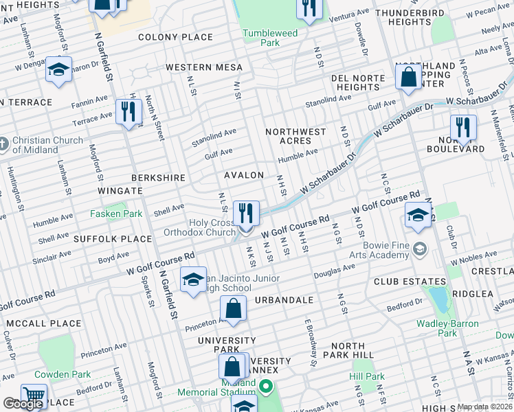 map of restaurants, bars, coffee shops, grocery stores, and more near 1600 Shell Avenue in Midland
