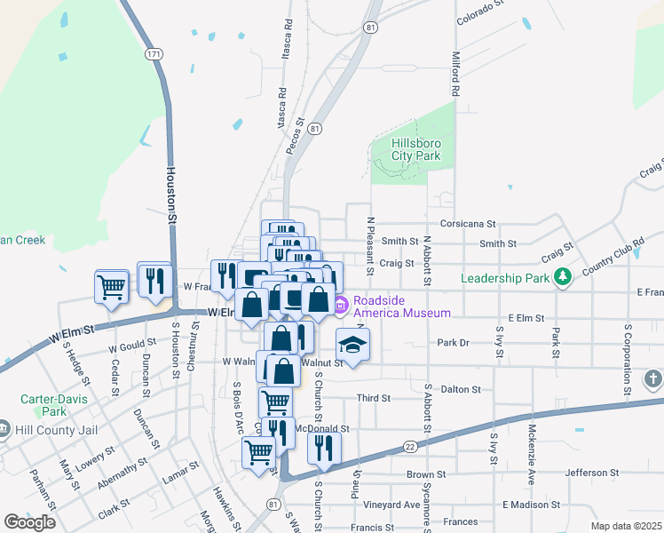map of restaurants, bars, coffee shops, grocery stores, and more near 208 East Paschal Street in Hillsboro