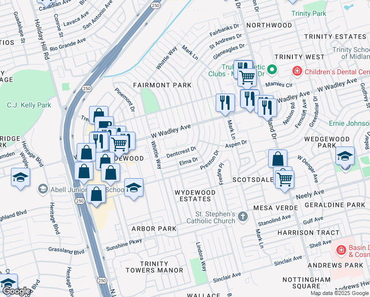 map of restaurants, bars, coffee shops, grocery stores, and more near 4715 West Wadley Avenue in Midland