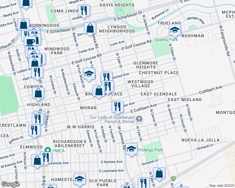 map of restaurants, bars, coffee shops, grocery stores, and more near 1112 East Nobles Avenue in Midland