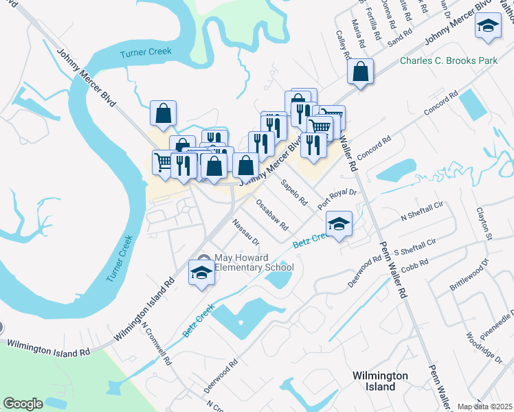 map of restaurants, bars, coffee shops, grocery stores, and more near 215 Sea Island Drive in Savannah