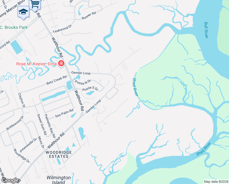 map of restaurants, bars, coffee shops, grocery stores, and more near 108 Sweet Bailey Cove in Savannah