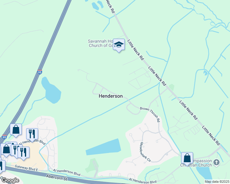 map of restaurants, bars, coffee shops, grocery stores, and more near 328 Brown Thrush Road in Savannah