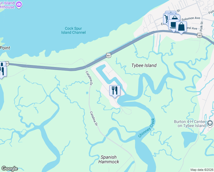 map of restaurants, bars, coffee shops, grocery stores, and more near 30 Estill Hammock Road in Tybee Island