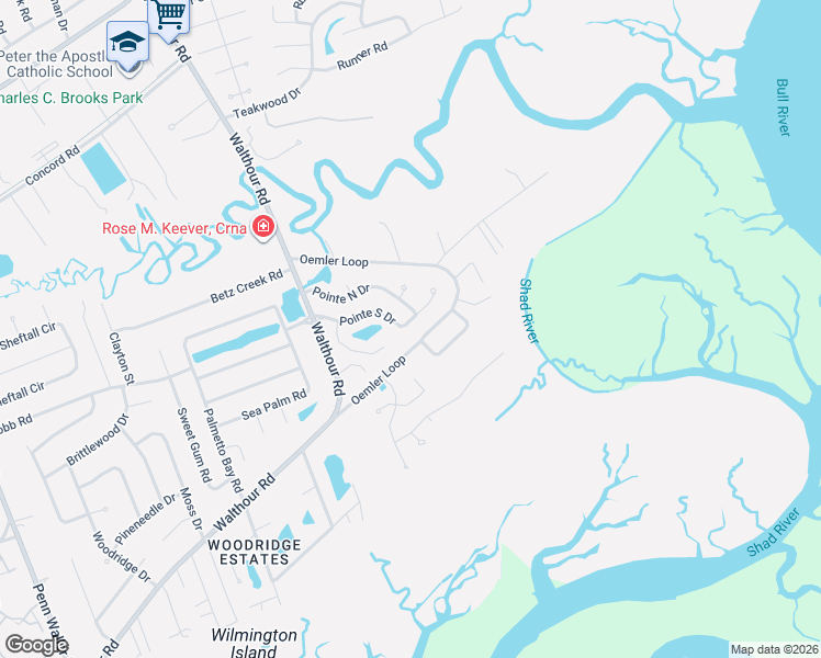 map of restaurants, bars, coffee shops, grocery stores, and more near 525 Pointe South Drive in Savannah
