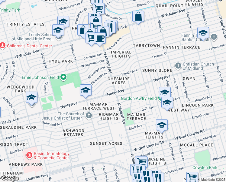 map of restaurants, bars, coffee shops, grocery stores, and more near 3300 Neely Avenue in Midland