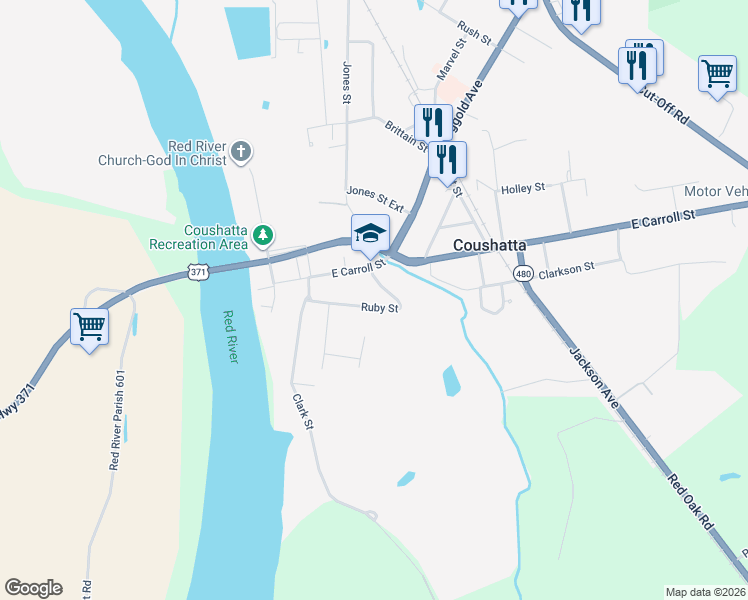 map of restaurants, bars, coffee shops, grocery stores, and more near 336 Ruby Street in Coushatta