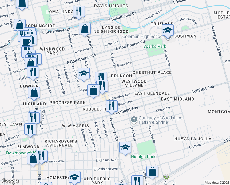 map of restaurants, bars, coffee shops, grocery stores, and more near 1112 East Nobles Avenue in Midland