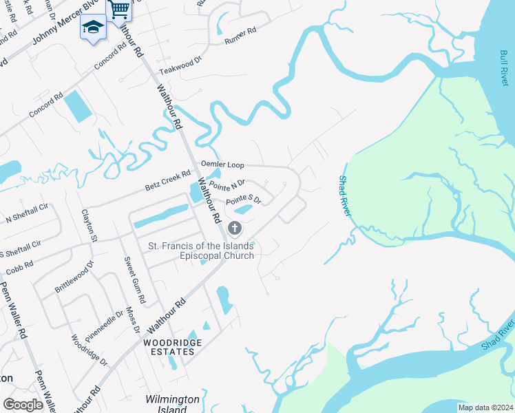map of restaurants, bars, coffee shops, grocery stores, and more near 525 Pointe South Drive in Savannah