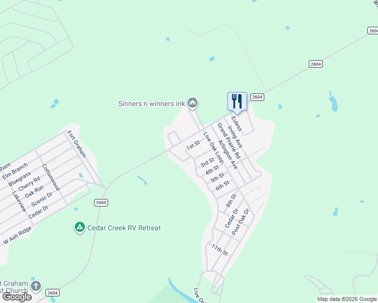 map of restaurants, bars, coffee shops, grocery stores, and more near 414 Farm to Market Road 2604 in Whitney