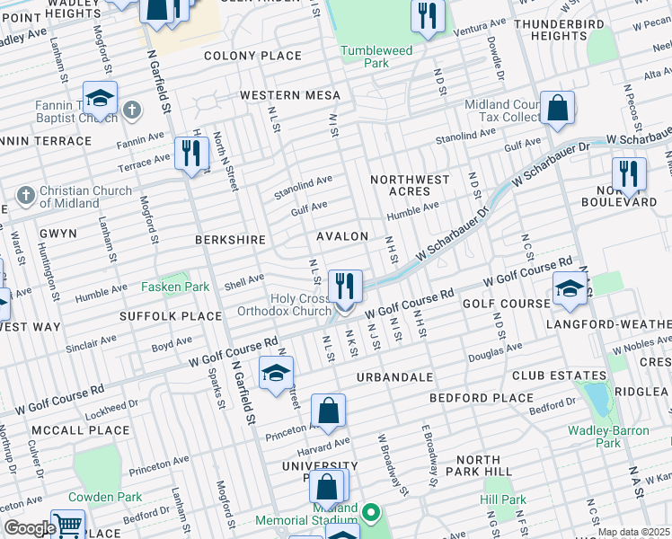 map of restaurants, bars, coffee shops, grocery stores, and more near 1612 Shell Avenue in Midland