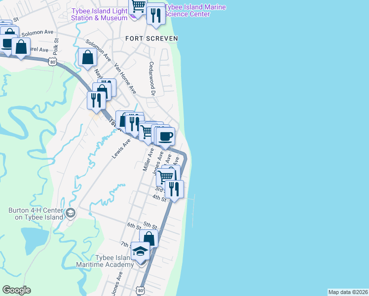 map of restaurants, bars, coffee shops, grocery stores, and more near 10 Lovell Avenue in Tybee Island