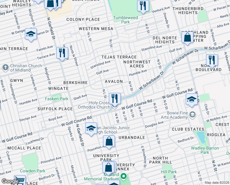 map of restaurants, bars, coffee shops, grocery stores, and more near 1612 Shell Avenue in Midland