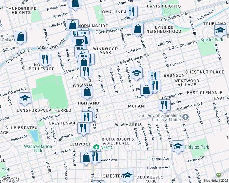 map of restaurants, bars, coffee shops, grocery stores, and more near 1505 North Weatherford Street in Midland