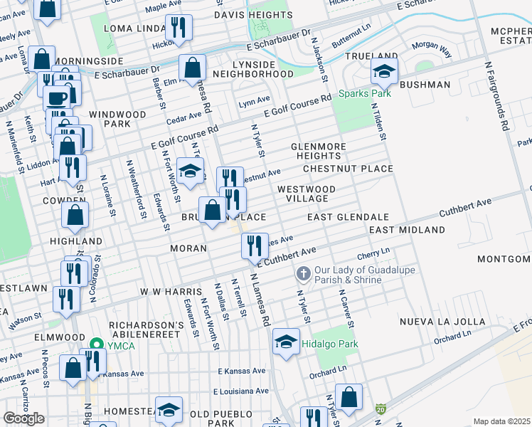 map of restaurants, bars, coffee shops, grocery stores, and more near 1112 E Nobles Ave in Midland