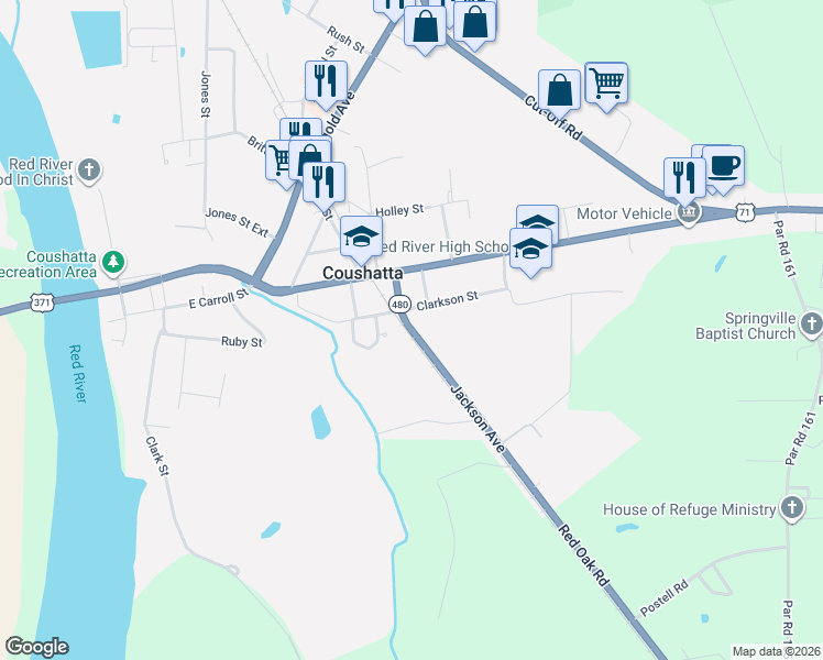 map of restaurants, bars, coffee shops, grocery stores, and more near 2117-2169 Red Oak Road in Coushatta