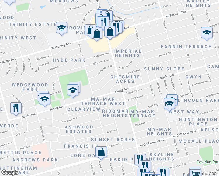 map of restaurants, bars, coffee shops, grocery stores, and more near 3312 Terrace Avenue in Midland