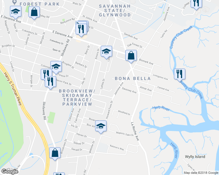 map of restaurants, bars, coffee shops, grocery stores, and more near 2424 Dolphin Drive in Savannah