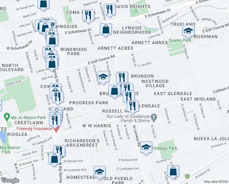 map of restaurants, bars, coffee shops, grocery stores, and more near 508 E Parker Ave in Midland