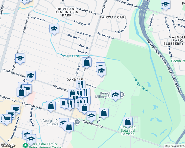 map of restaurants, bars, coffee shops, grocery stores, and more near 6206 Waters Avenue in Savannah
