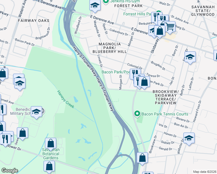 map of restaurants, bars, coffee shops, grocery stores, and more near 1908 Bona Bella Avenue in Savannah