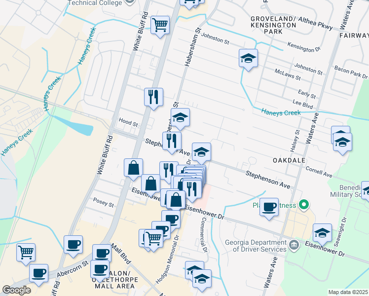 map of restaurants, bars, coffee shops, grocery stores, and more near 230 Stephenson Avenue in Savannah
