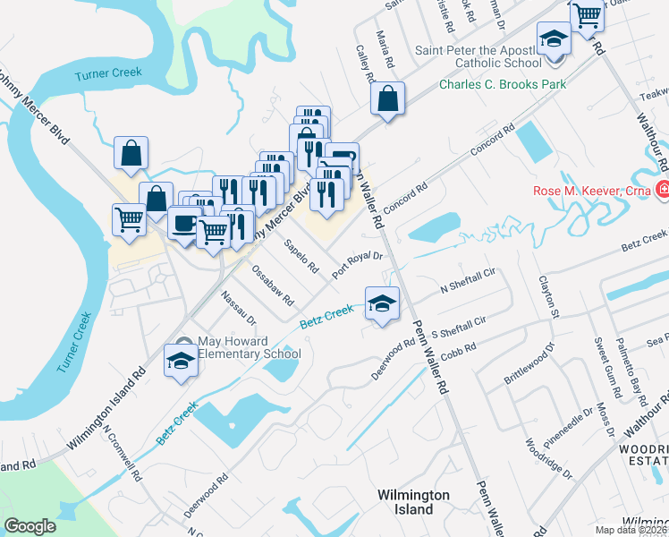 map of restaurants, bars, coffee shops, grocery stores, and more near 23 Saint Catherine Road in Savannah