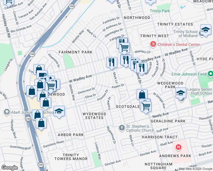 map of restaurants, bars, coffee shops, grocery stores, and more near 3201 Preston Drive in Midland