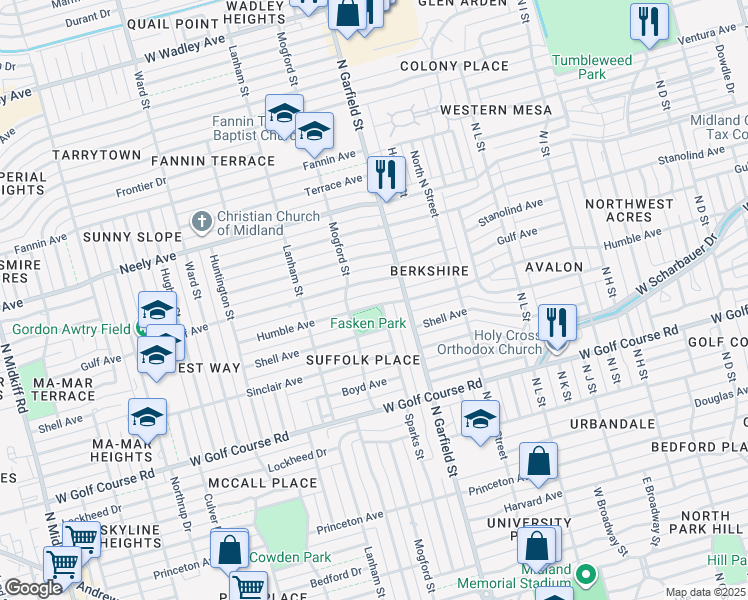 map of restaurants, bars, coffee shops, grocery stores, and more near 2306 Humble Avenue in Midland