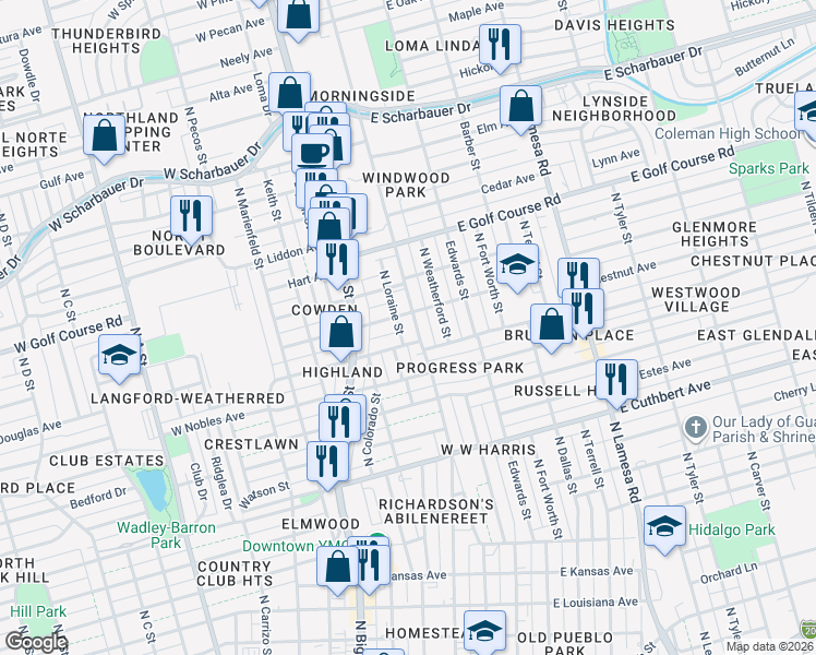 map of restaurants, bars, coffee shops, grocery stores, and more near 1507 North Main Street in Midland