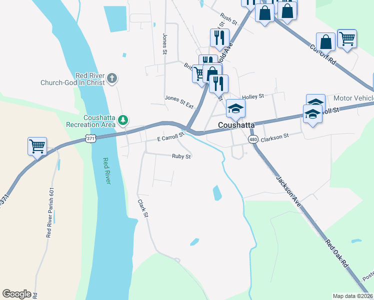 map of restaurants, bars, coffee shops, grocery stores, and more near 336 Ruby St in Coushatta