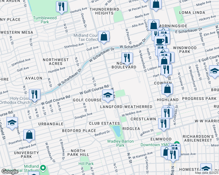 map of restaurants, bars, coffee shops, grocery stores, and more near 801 West Golf Course Road in Midland