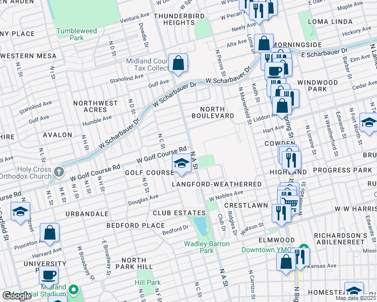 map of restaurants, bars, coffee shops, grocery stores, and more near 801 West Golf Course Road in Midland
