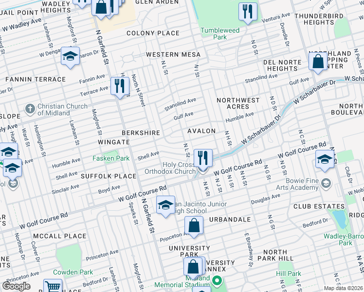 map of restaurants, bars, coffee shops, grocery stores, and more near 2001 Winfield Road in Midland